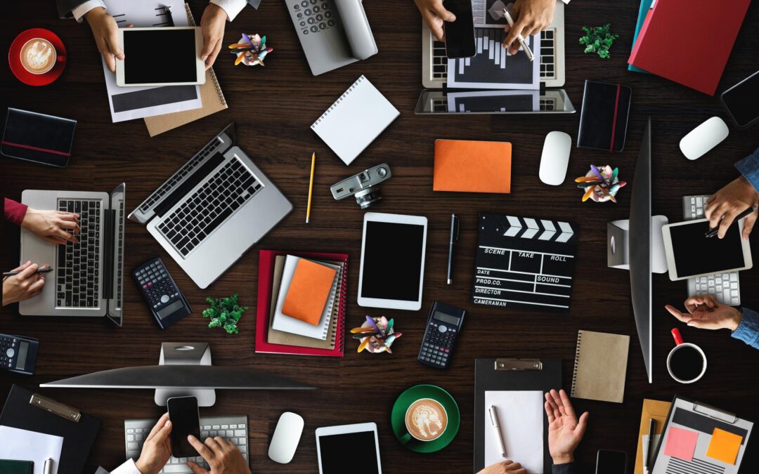 .Startup Marketing Idea Presentation.Woman Touching Digital Laptop.Top View.Vertical